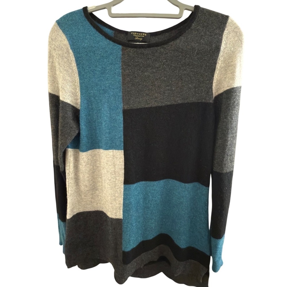 Charter Club Luxury Womens 100% Cashmere Colorblock Sweater Blue Grey Black M